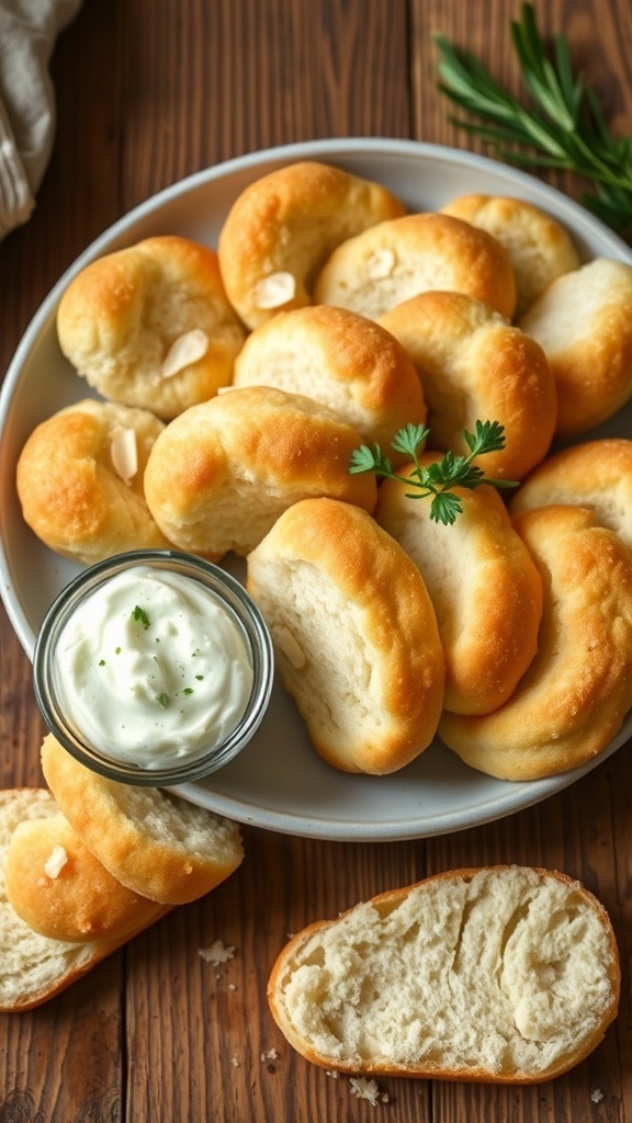 Fluffy almond flour cloud bread pieces on a plate with cream cheese spread, on a rustic wooden table.